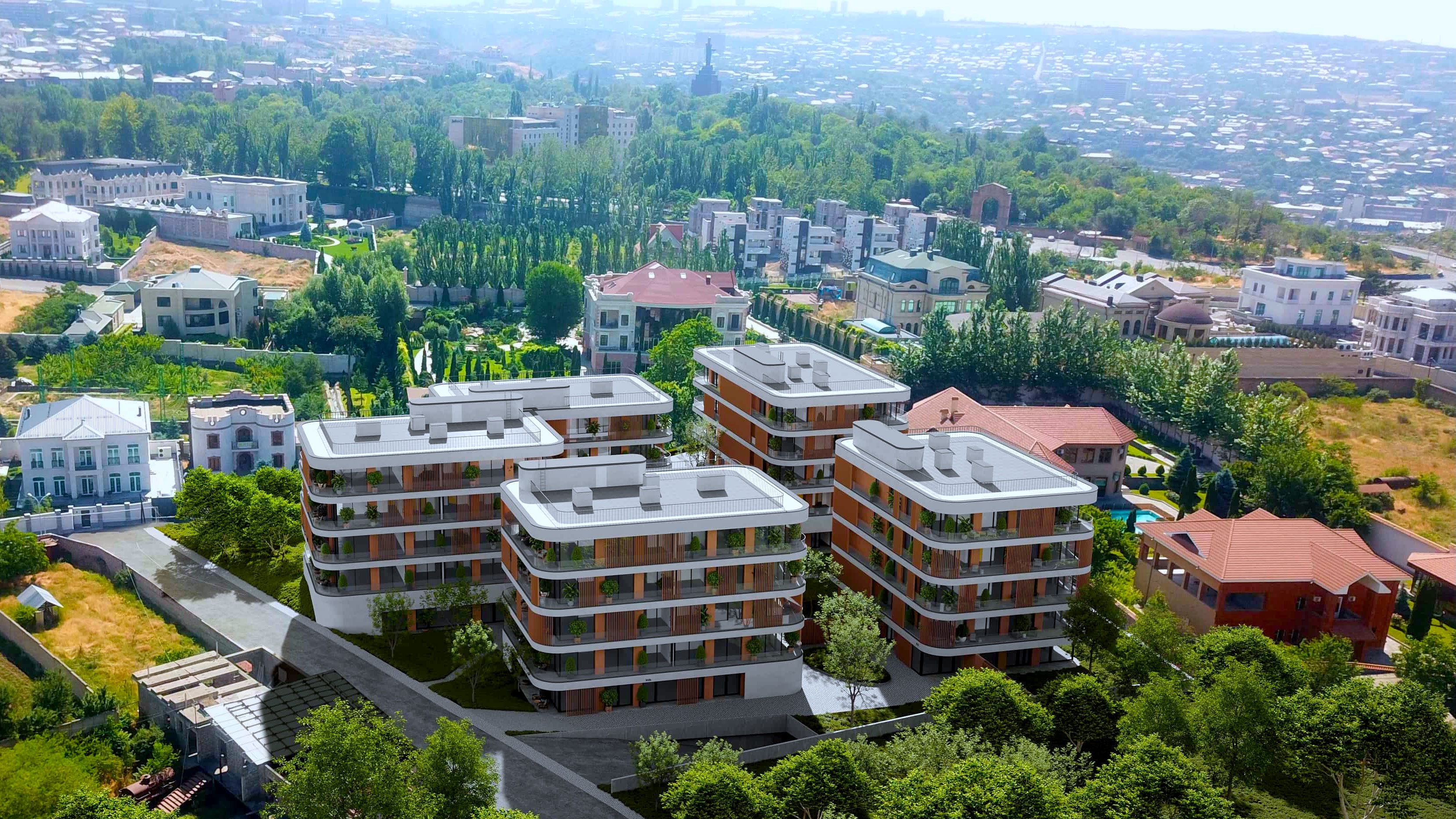 Aerial view of Liberty 1 luxury residential complex in Nor Arabkir, Yerevan, Armenia
