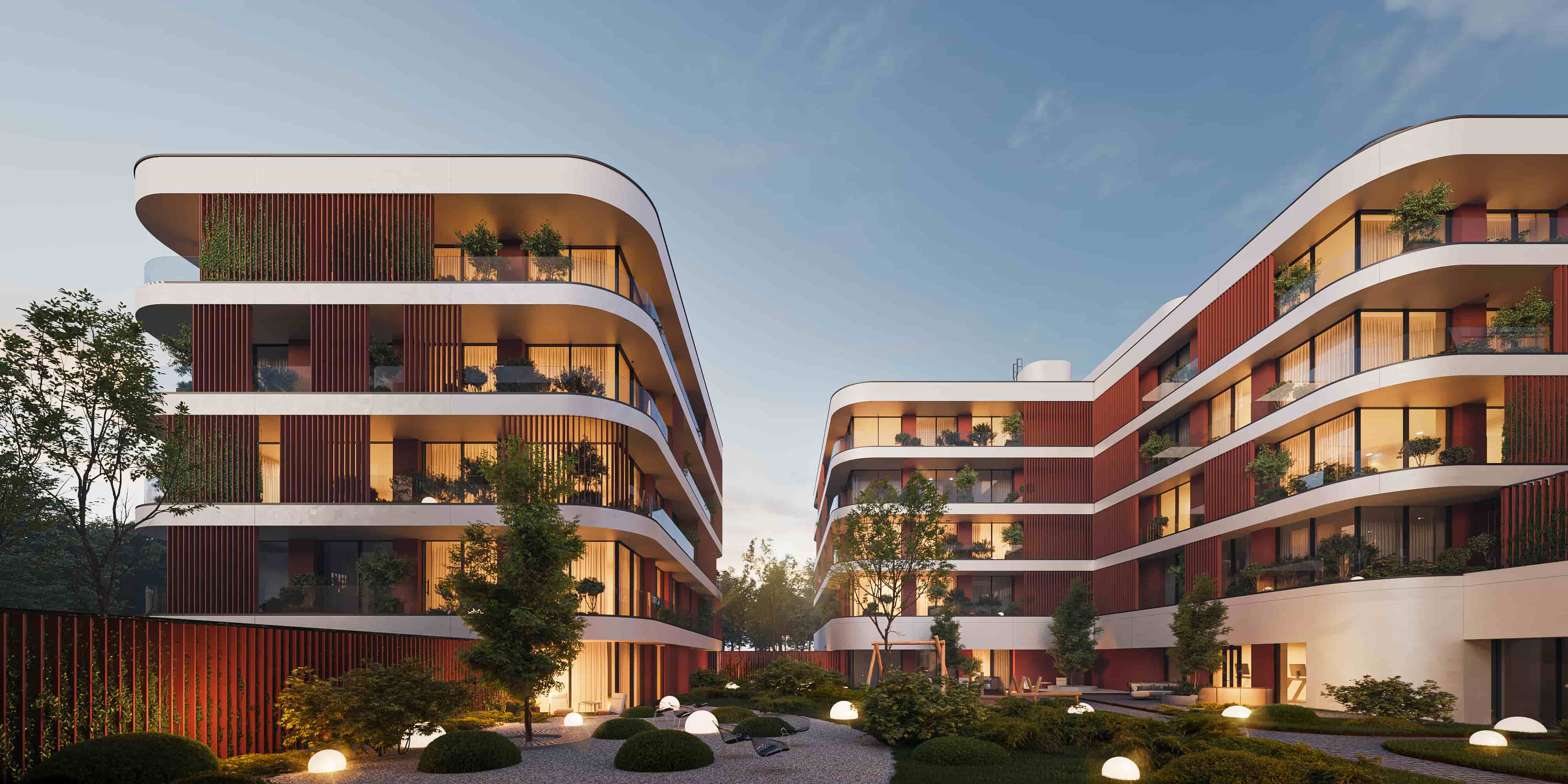 Liberty 1 illuminated courtyard at night Yerevan luxury apartments