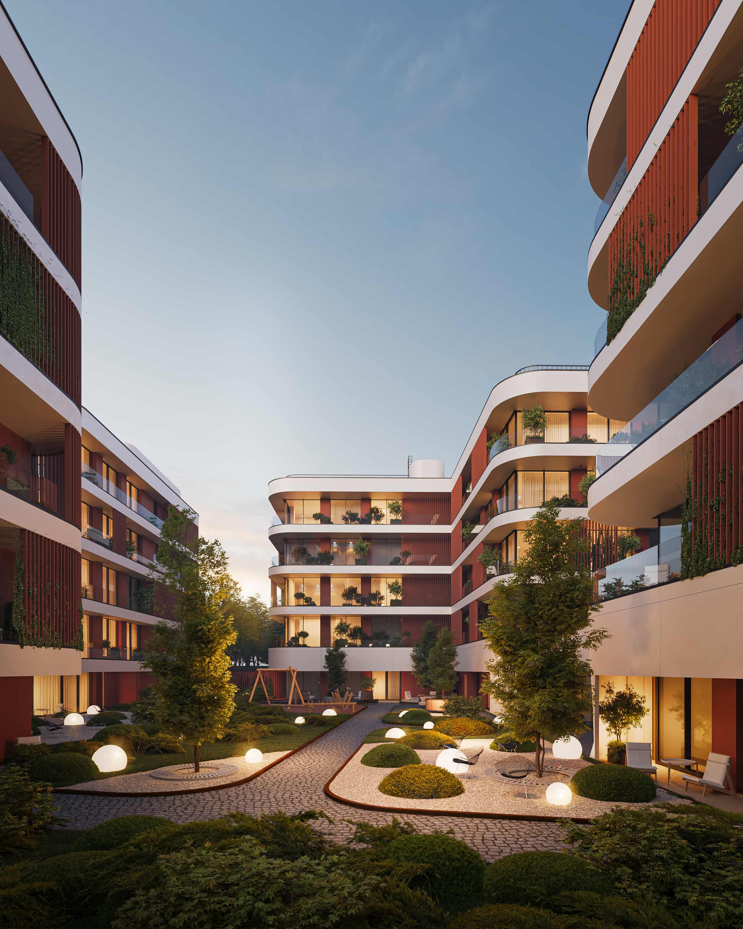 Luxury residential complex courtyard evening view